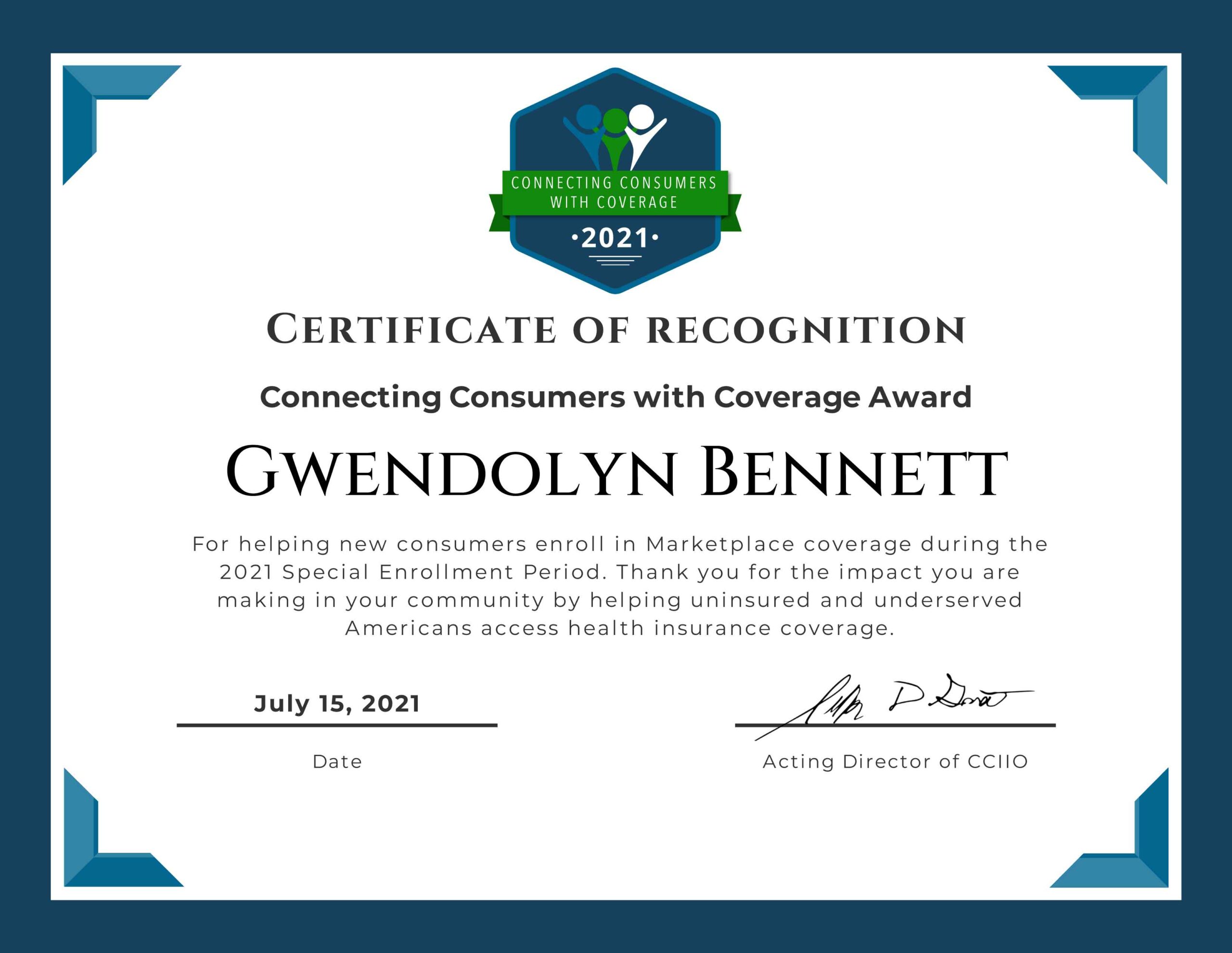 Certificate for Gwendolyn Bennett