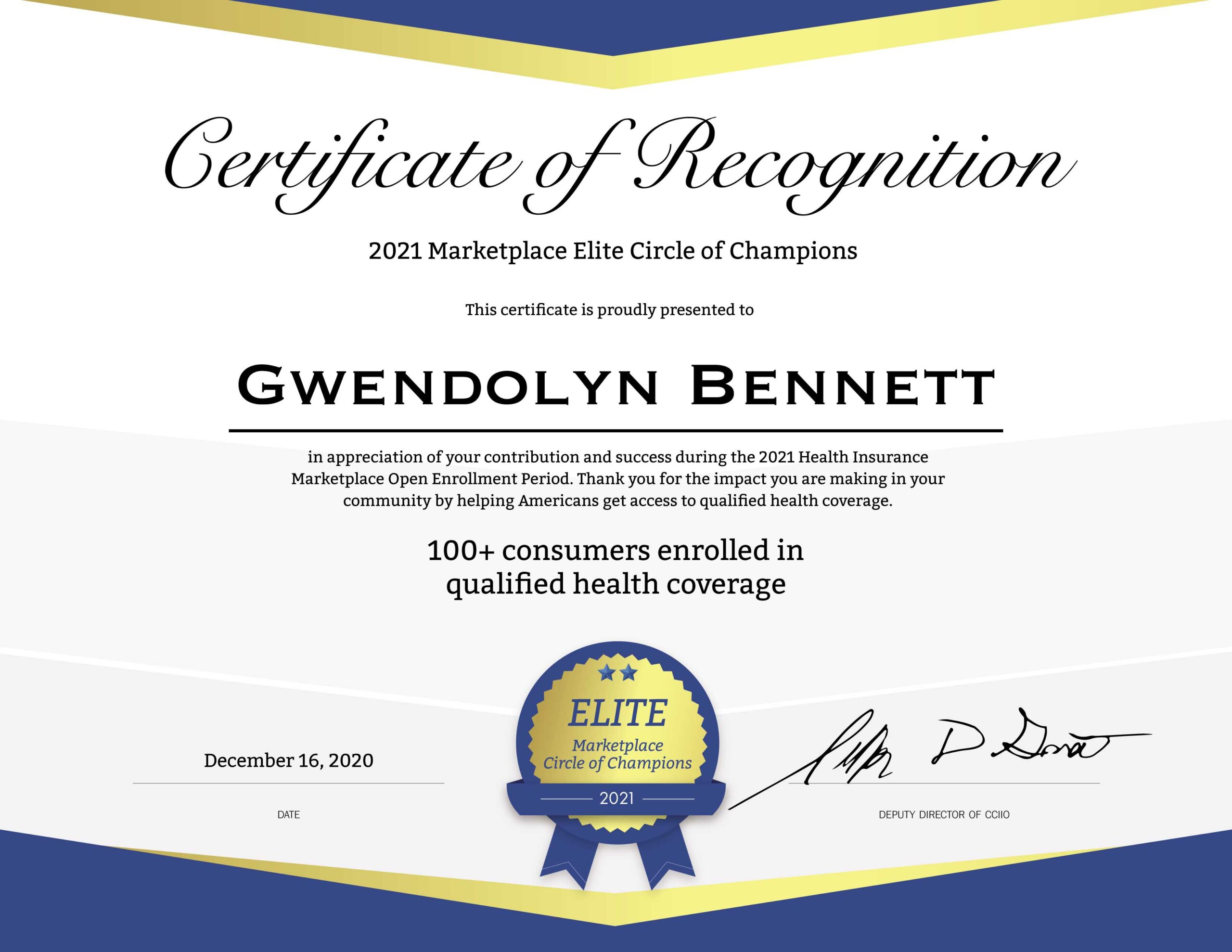 Certificate for Gwendolyn Bennett